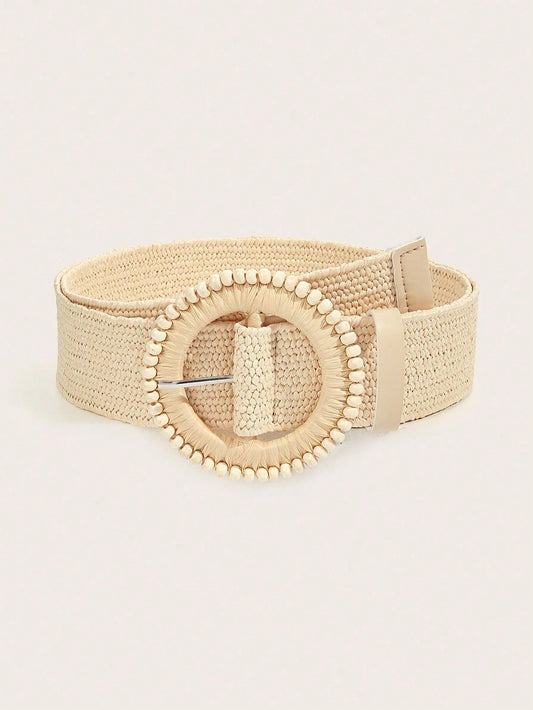 1 Stück Damen Strandmode Lässig Boho Street PP (Polypropylen) Runde Holzperle Schnalle Elastisch PP Stroh Gürtel Sommer Strand Reisezeit