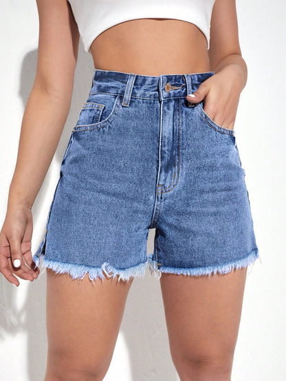 Denim Shorts mit hoher Taille, umgesäumtem Saum